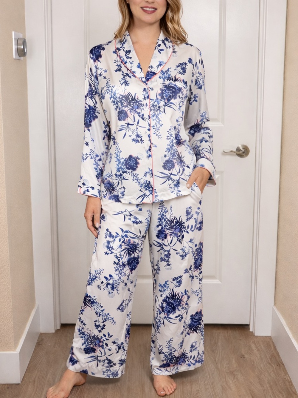 Rosie for Autograph Satin Floral Revere Collar Pajama Lounge Set Blue White 12